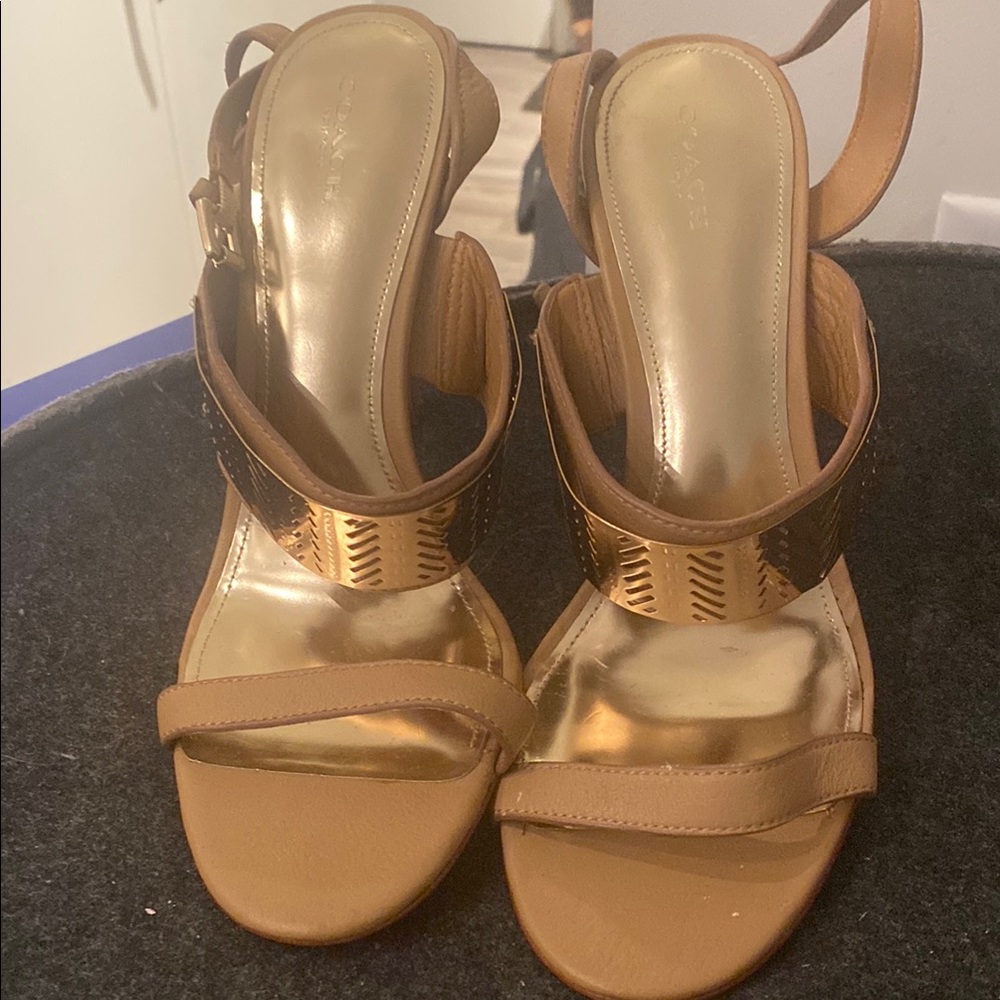 Coach Brown and Gold Strappy Sandals with High Heel